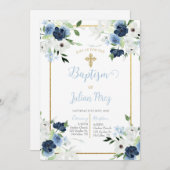 Blauwe bloem doop uitnodiging voor jongen (Voorkant / Achterkant)