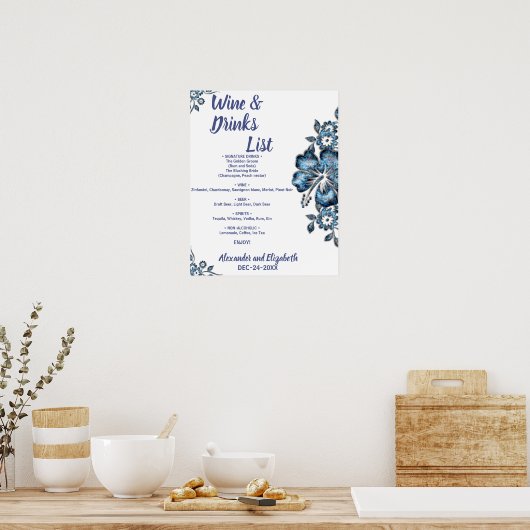 Blauwe Bloem Drankenlijst Bruiloft Poster (Keuken)