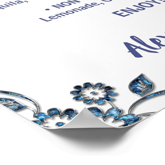 Blauwe Bloem Drankenlijst Bruiloft Poster (Hoek)