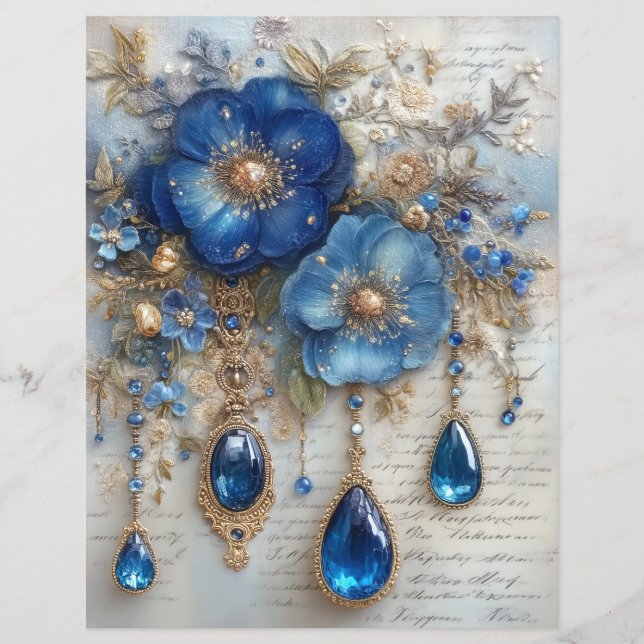 Blauwe Bloem Edelstenen Junk Journal Scrapbook Pap (Voorkant)
