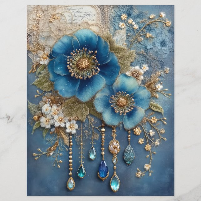 Blauwe Bloem Edelstenen Junk Journal Scrapbook Pap (Voorkant)