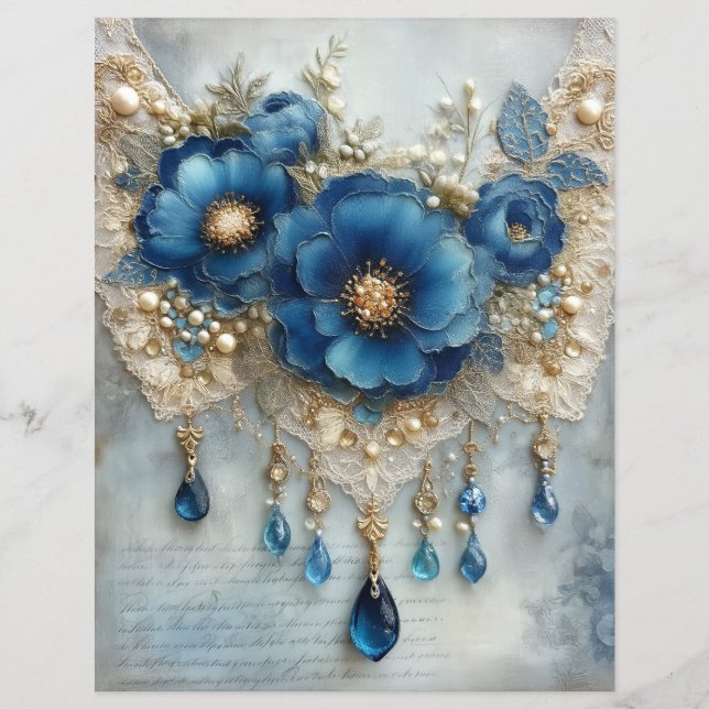 Blauwe Bloem Edle Steine Junk Journal Scrapbook Pa (Voorkant)