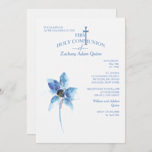 Blauwe Bloem Eerste Heilige Communie Uitnodiging (Voorkant / Achterkant)