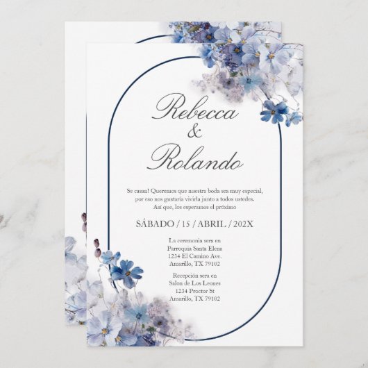 Blauwe bloem Elegante bruiloft uitnodiging in het  (Voorkant / Achterkant)