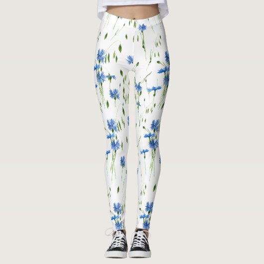 Blauwe bloem en groene bladeren, doorzichtig leggings (Voorkant)