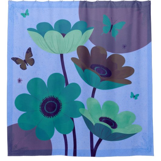 Blauwe Bloem- en Vlinder Abstracte Douchegordijn (Voorkant)