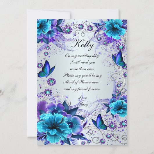 Blauwe bloem en vlinder bruidsmeisje kaart (Voorkant)