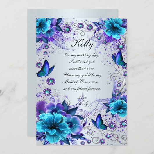 Blauwe bloem en vlinder bruidsmeisje kaart (Voorkant / Achterkant)