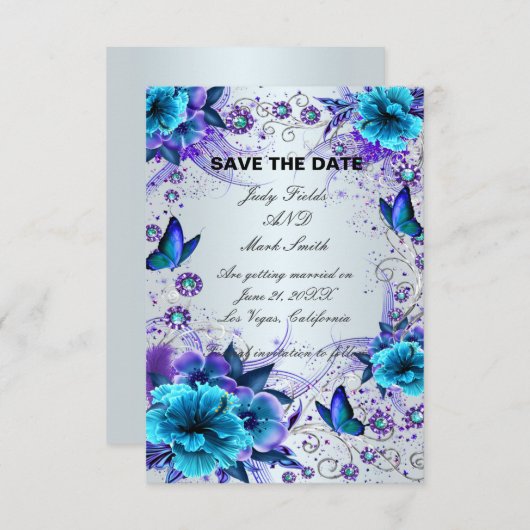 Blauwe Bloem- en Vlinder Save The Date Kaart (Voorkant / Achterkant)