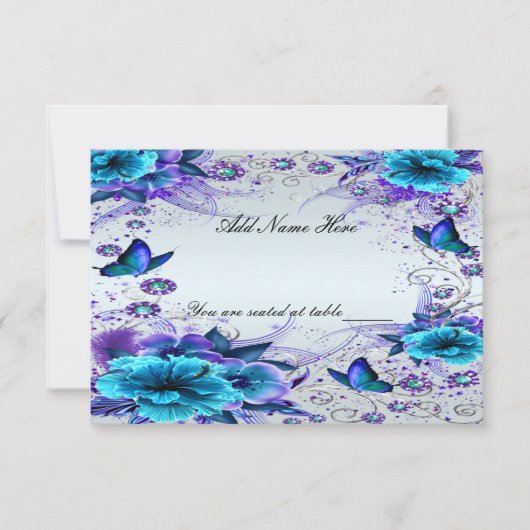 Blauwe Bloem- en Vlinder Tafelkaart Kaart (Voorkant)