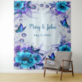 Blauwe bloem- en vlinderbruiloft achtergrond wandkleed (In situ)