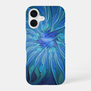 Blauwe Bloem Fantasie Patroon, Abstracte Fractale  iPhone 16 Hoesje