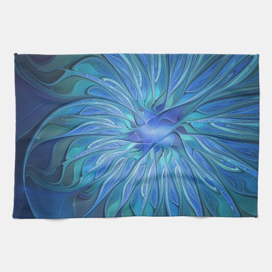 Blauwe Bloem Fantasy Patroon, Abstracte Fractale K Theedoek (Horizontaal)