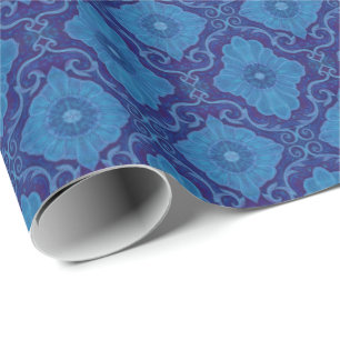Blauwe bloem Floral Damask  Bohemiaans patroon Cadeaupapier
