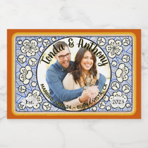 Blauwe Bloem Foto Bruiloft Honing Jar Favor Labels Voedselcontainer Etiket