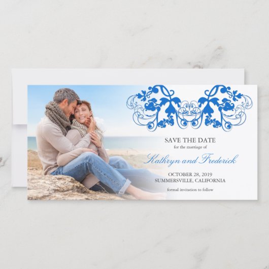  blauwe bloem foto slaat de datum op save the date (Voorkant)