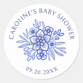 Blauwe Bloem Franse Baby Shower Ronde Sticker (Voorkant)