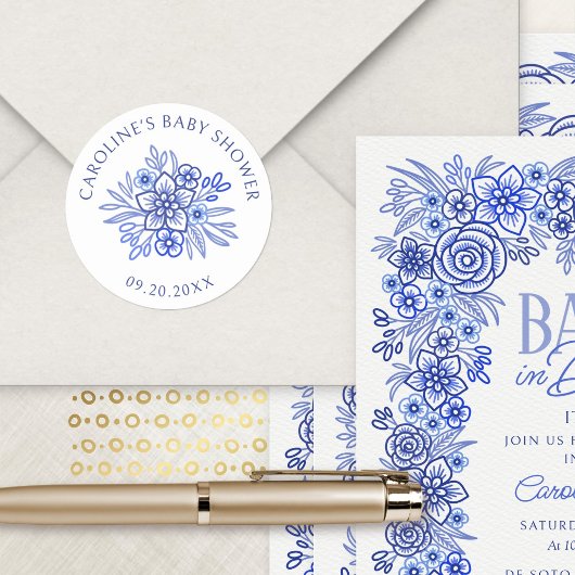 Blauwe Bloem Franse Baby Shower Ronde Sticker