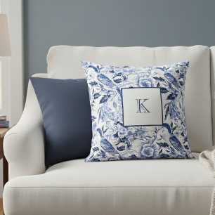 Blauwe Bloem Franse Landelijke Monogram  Kussen