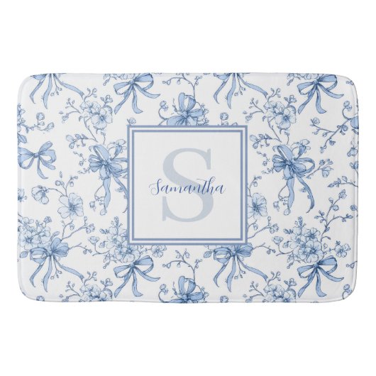 Blauwe Bloem Franse Toile Monogram Naam Badmat (Voorkant)
