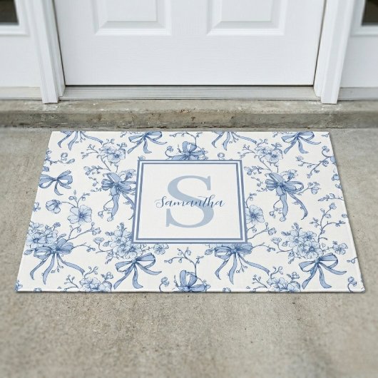 Blauwe Bloem Franse Toile Monogram Naam  Deurmat