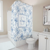 Blauwe Bloem Franse Toile Monogram Naam Douchegordijn (In situ)