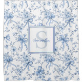 Blauwe Bloem Franse Toile Monogram Naam Douchegordijn (Voorkant)