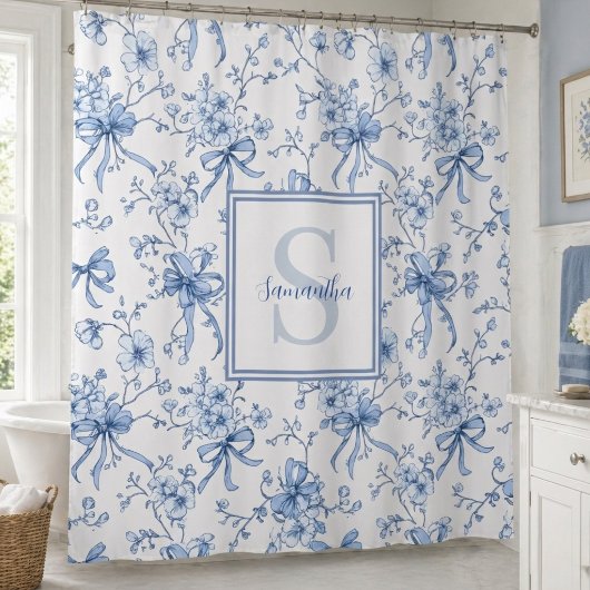 Blauwe Bloem Franse Toile Monogram Naam Douchegordijn