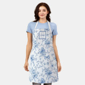 Blauwe Bloem Franse Toile Monogram Naam Schort (Gedragen)