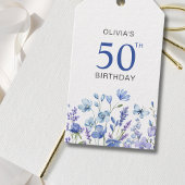 Blauwe bloem gepersonaliseerde 50e verjaardag cadeaulabel