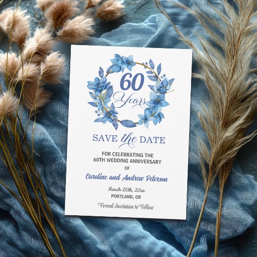 Blauwe bloem gouden lijst 60ste trouwdag save the date