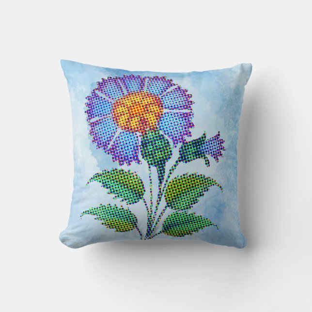 Blauwe Bloem Halftone op Blauwe Fine Art Kussen (Voorkant)