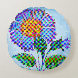 Blauwe Bloem Halftone op Blauwe Fine Art Rond Kussen