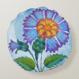 Blauwe Bloem Halftone op Blauwe Fine Art Rond Kussen