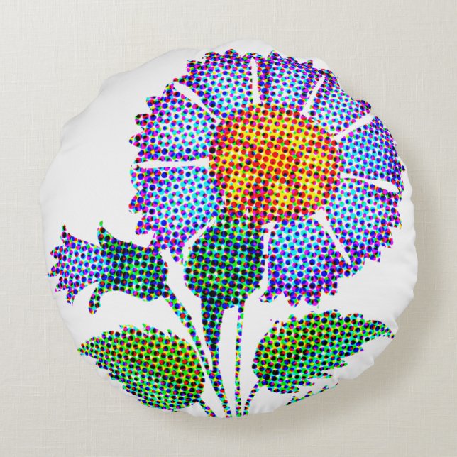 Blauwe Bloem Halftoon Fine Art Rond Kussen (Achterkant)