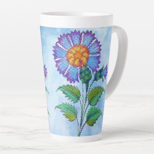Blauwe Bloem Halftoon op Blauwe Fine Art Latte Mok (Rechterhoek)