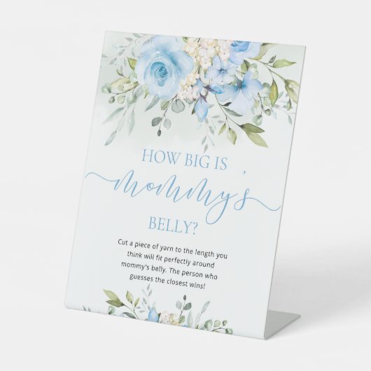 Blauwe bloem hoe groot de mommybuik is reclamebord met voetstuk (Voorkant)