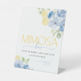 Blauwe Bloem Hoofd Pers Bruiloft Mimosa Bar Reclamebord Met Voetstuk