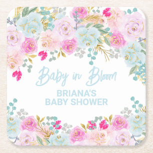 Blauwe Bloem Jongens Baby Shower Kartonnen Onderzetters