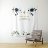 Blauwe Bloem Jongens Tweeling 1e Verjaardag Doopfe Wandkleed (In situ)