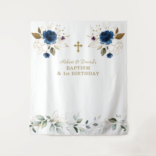 Blauwe Bloem Jongens Tweeling 1e Verjaardag Doopfe Wandkleed (Voorkant)