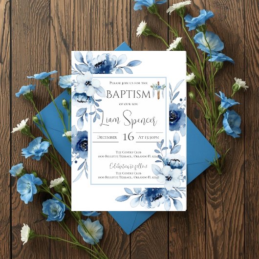 Blauwe bloem jongensdoop uitnodiging