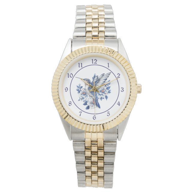 Blauwe Bloem Kolibrie Horloge (Voorkant)