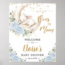 Blauwe Bloem Konijn Konijntje Maan Baby Shower Wel