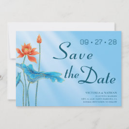 Blauwe Bloem Lotus Trouwkaart Save the Date Uitnod Kaart