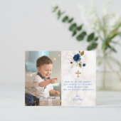Blauwe Bloem Marmer Foto Jongen Gouden Kruis Doop  Bedankkaart (Staand voorkant)