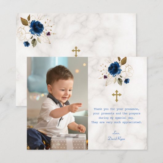 Blauwe Bloem Marmer Foto Jongen Gouden Kruis Doop  Bedankkaart (Voorkant / Achterkant)