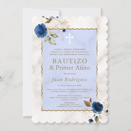 Blauwe Bloem Marmer Spaanse 1e Verjaardag Doop Kaart (Voorkant)
