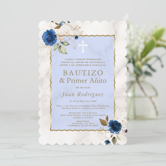Blauwe Bloem Marmer Spaanse 1e Verjaardag Doop Kaart (Staand voorkant)