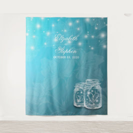Blauwe Bloem Mason Jar Trouwfoto Fotohokje Achterg Wandkleed